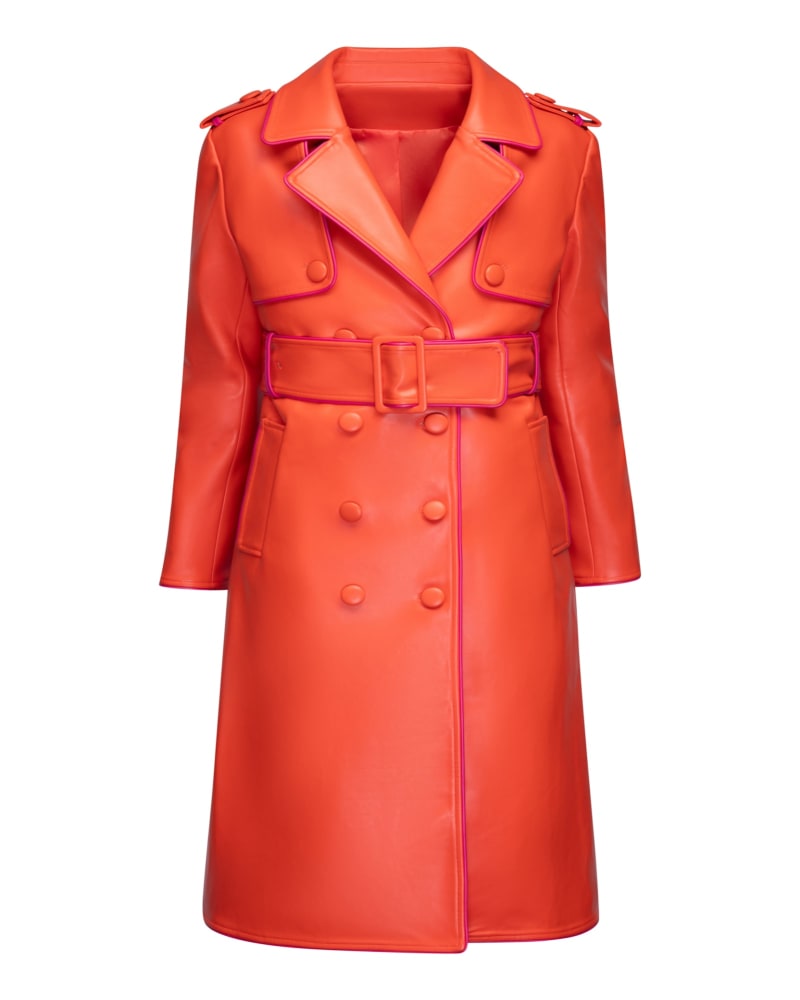 Front of a size 1X The Reese Trench Coat in Orange by Hilary MacMillan. | dia_product_style_image_id:331581